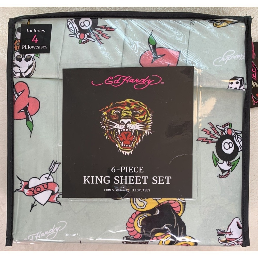 Ed Hardy 6-Pc Green Tattoo Skulls Roses 8-Ball Snakes Panthers Sheet Set King